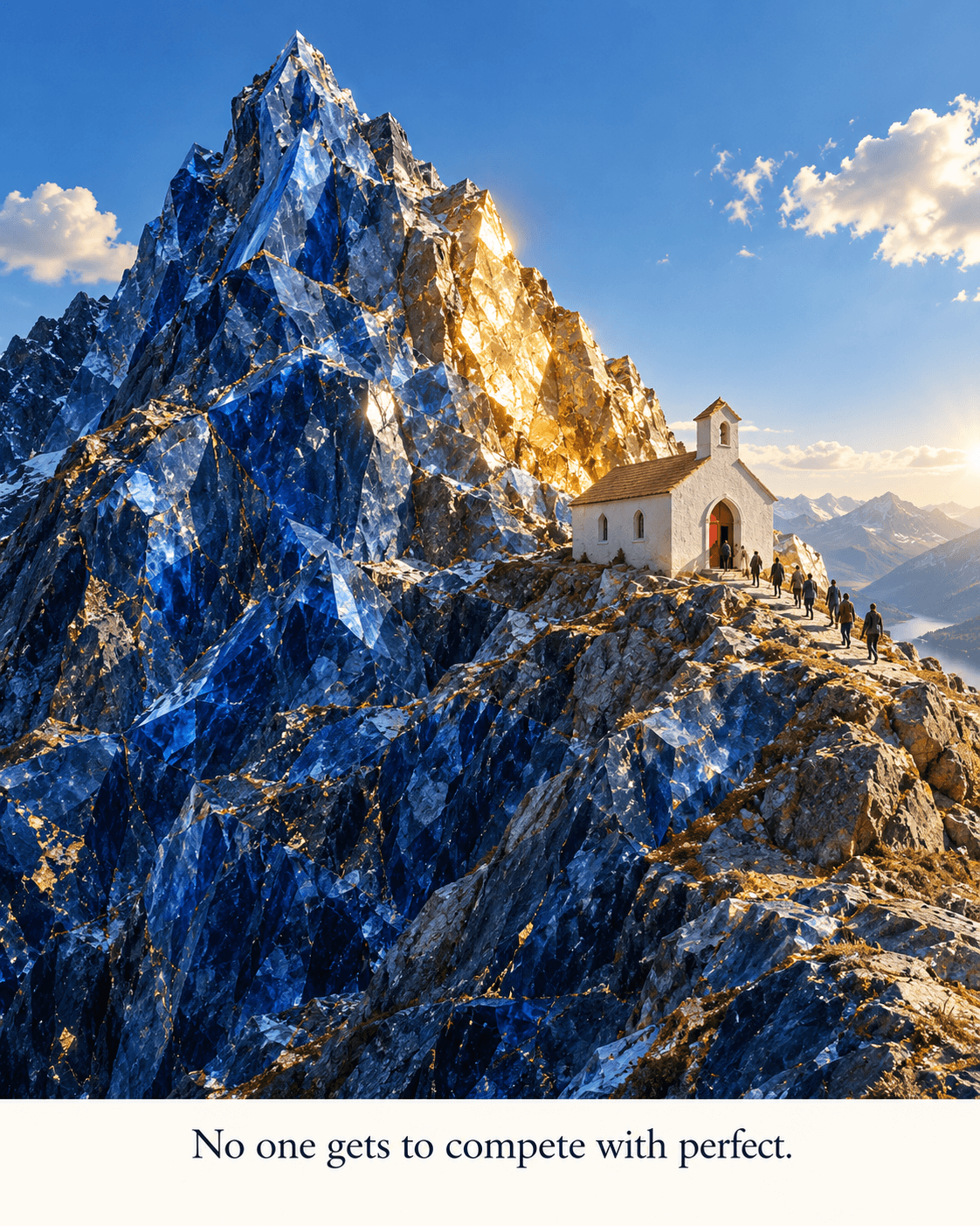 A humble white church with a red door standing on a sapphire-blue mountain illuminated by warm golden sunlight